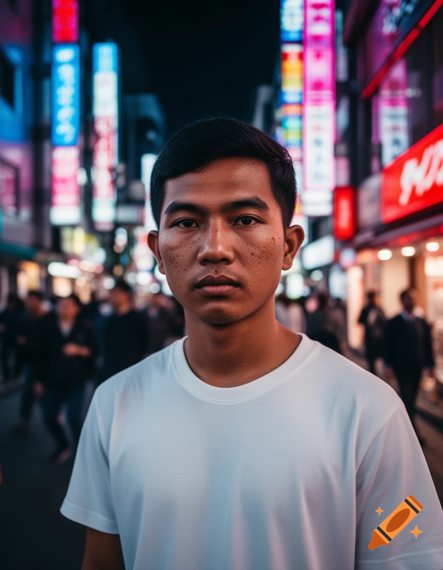 Photorealistic medium shot portrait of a man in a white t-shirt, standing on a bustling Tokyo street with neon lights at night.