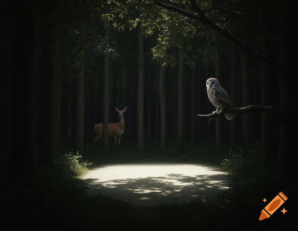 A deer and an owl in a dark, photorealistic forest with a glowing clearing.