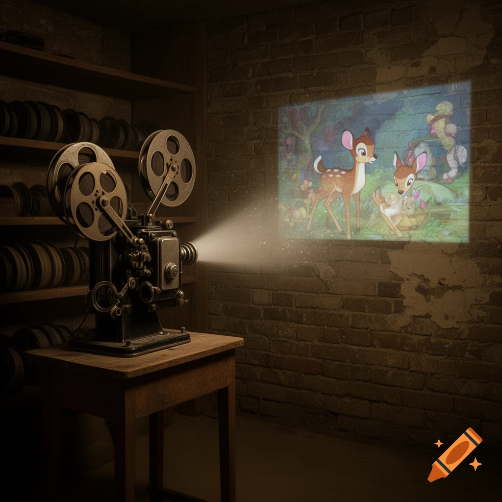 A vintage 1920s film projector in a dark basement projects the Bambi cartoon onto a brick wall, with film reels on shelves.