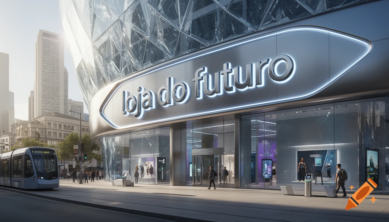 Photorealistic view of a modern city street with a futuristic glass building, 'loja do futuro' sign, a tram, and pedestrians.