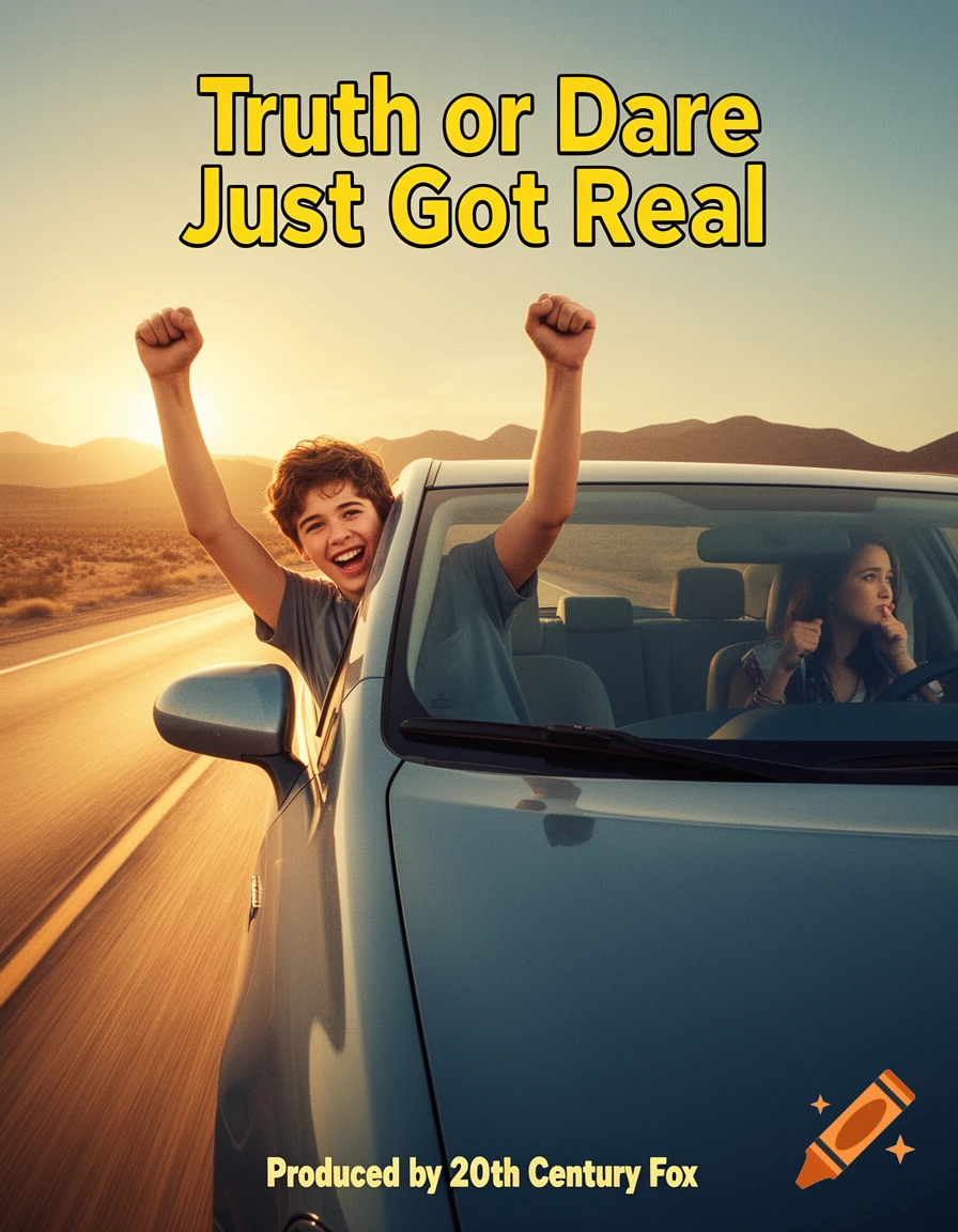 Movie poster: Boy cheers out car window on desert road at sunset. Girl looks unhappy inside. Text: 'Truth or Dare Just Got Real'.