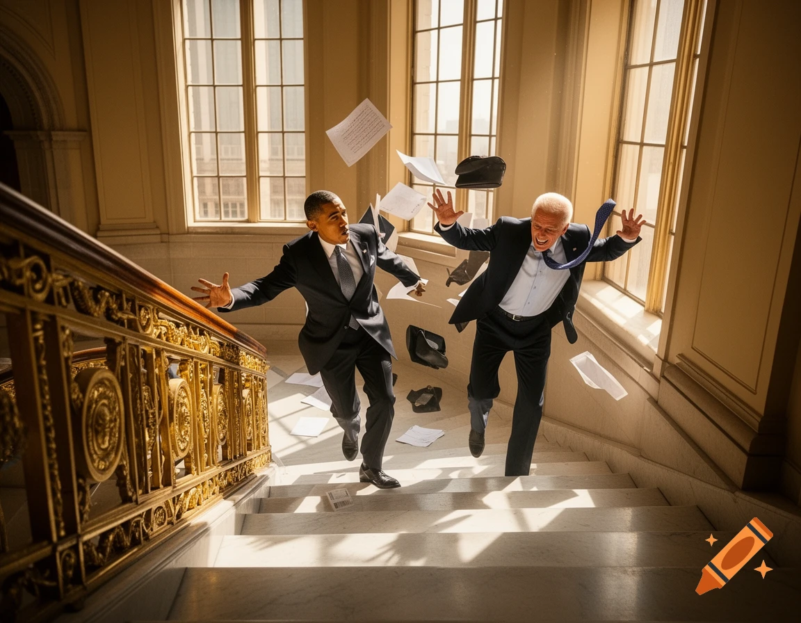 Photorealistic image of Barack Obama and Joe Biden in suits comically falling down a grand marble staircase with papers flying.