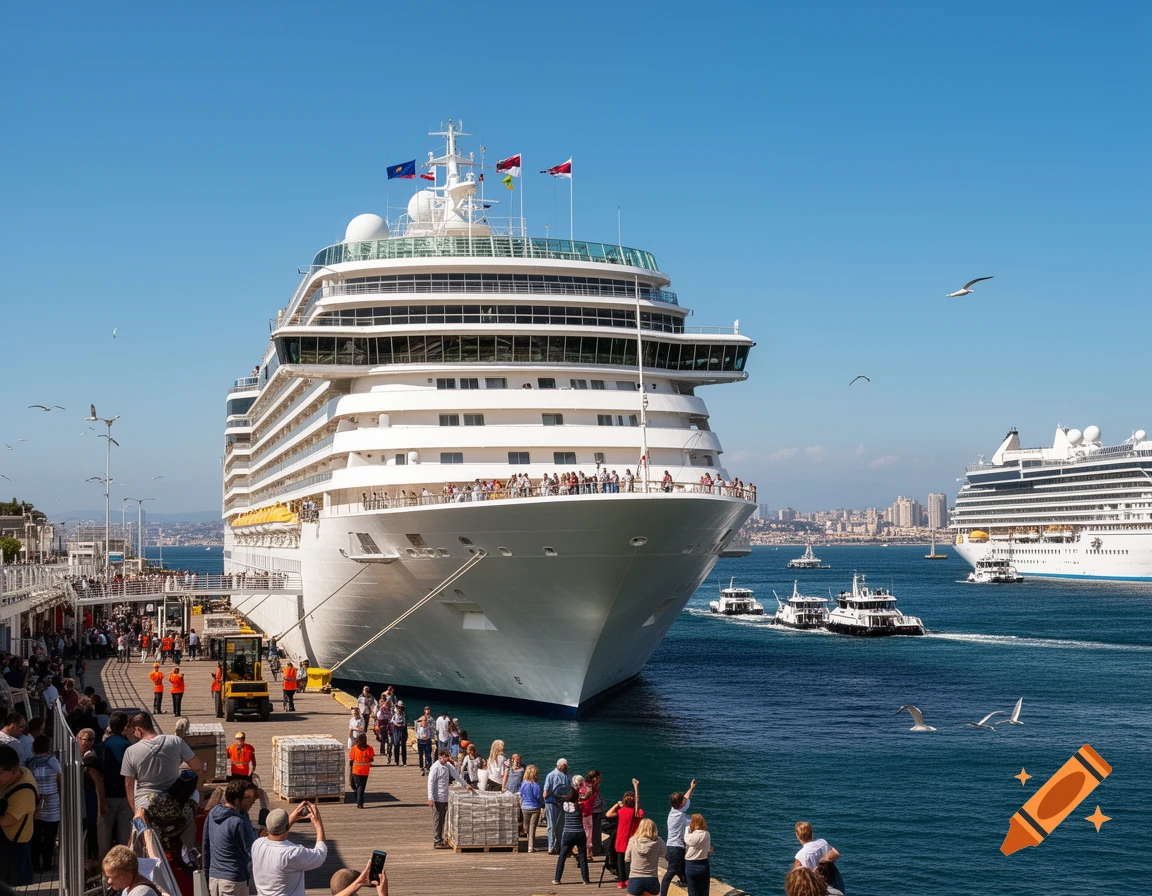 A large white cruise ship docked at a busy harbor with people on the pier, under a clear blue sky.