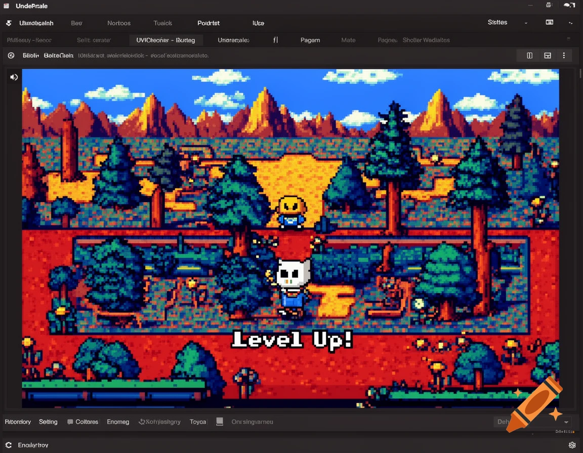 A pixel art screenshot of an Undertale-like NES bootleg game running on an emulator, showing a character on a red and green landscape with mountains, trees, and "Level Up!" text.