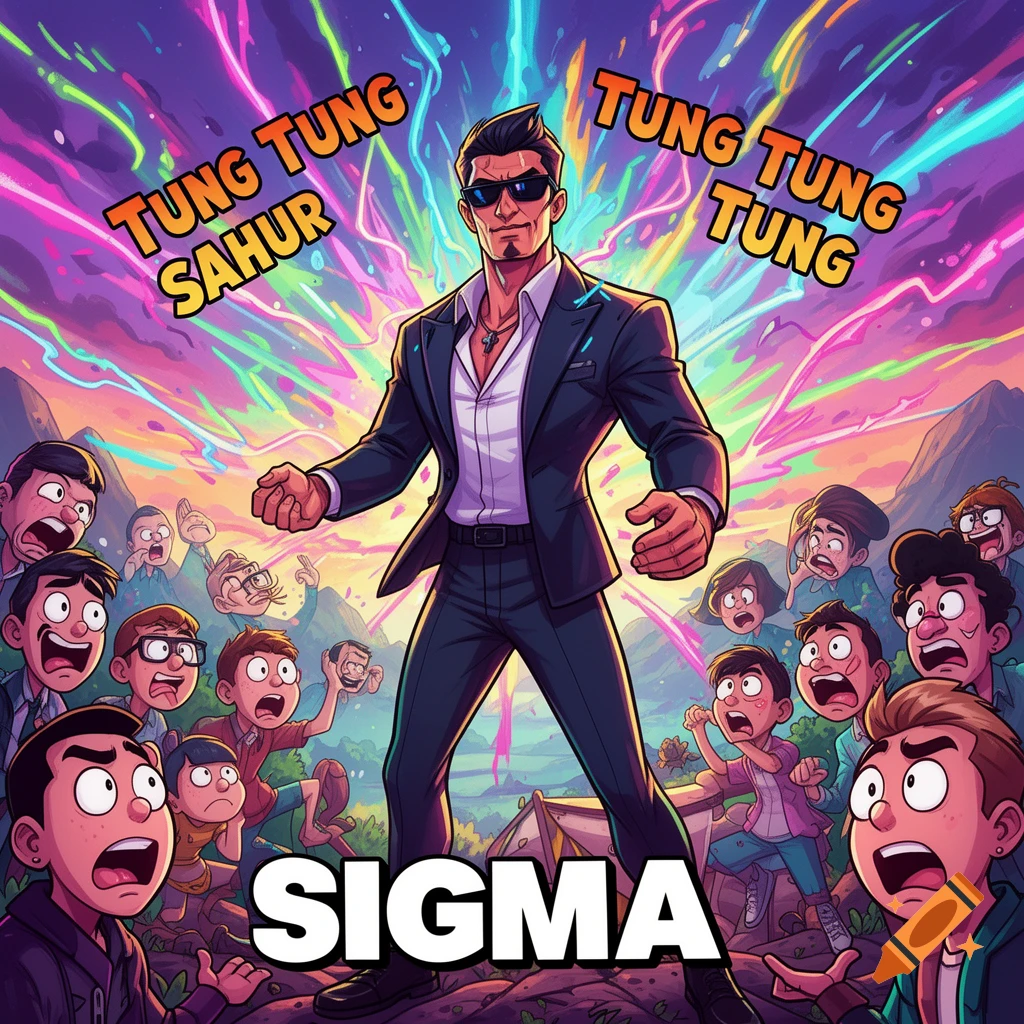 Cartoon man in suit, sunglasses, surrounded by surprised crowd. Glowing energy, text "TUNG TUNG SAHUR," "TUNG TUNG TUNG," "SIGMA."