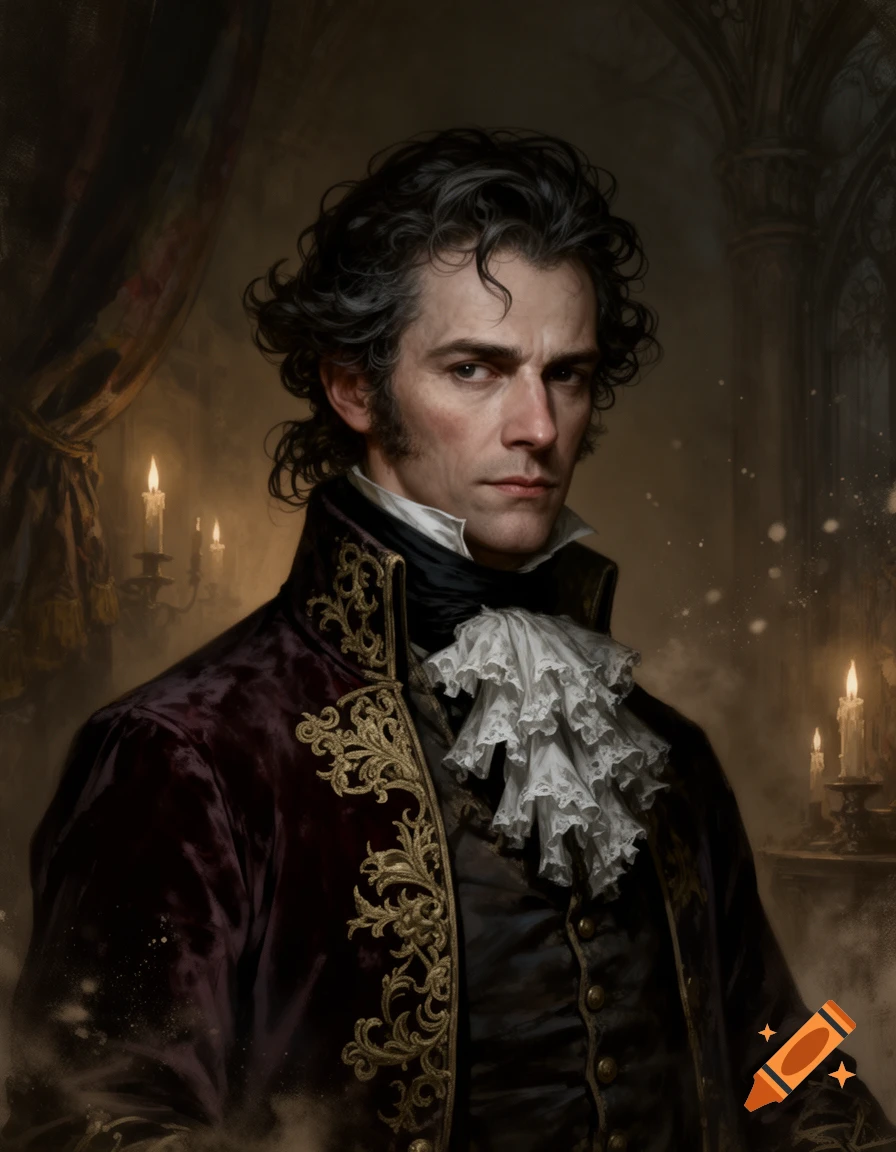 A serious man with dark curly hair in a lavish 17th-century velvet coat with gold embroidery and a ruffled cravat, against a dim, candlelit gothic background. Dark fantasy style.