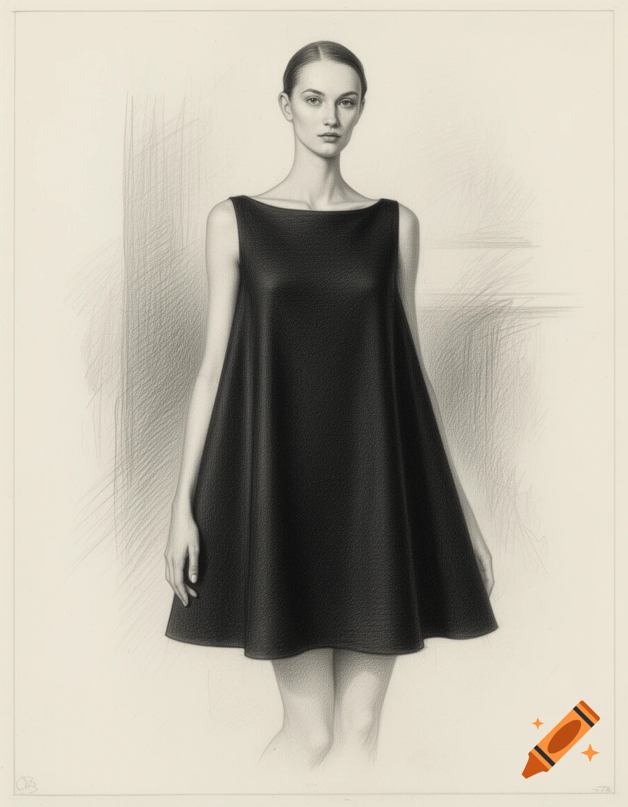 A monochrome pencil drawing of a skinny woman wearing a black trapeze dress with a boat neck.
