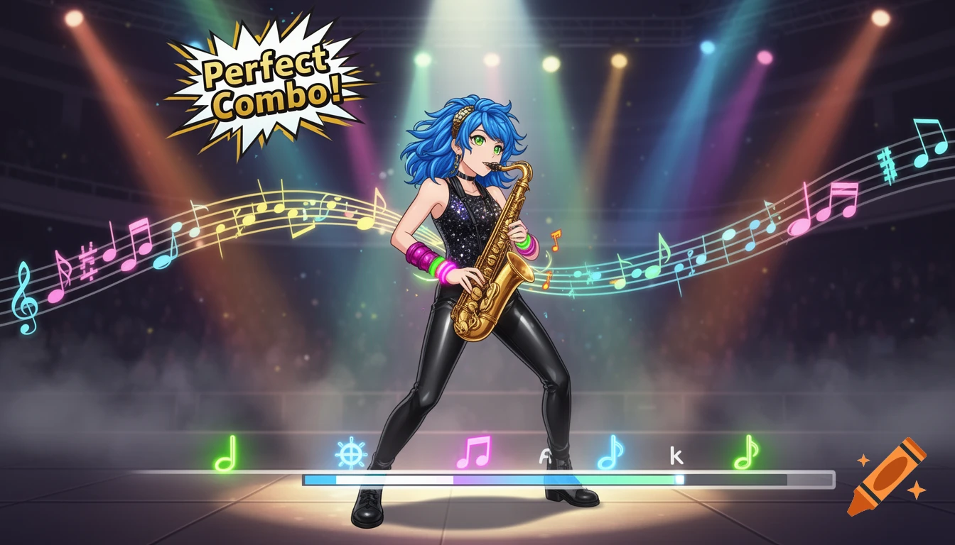 Anime girl playing a saxophone on a colorful concert stage with rhythm game UI and 'Perfect Combo!' pop-up.