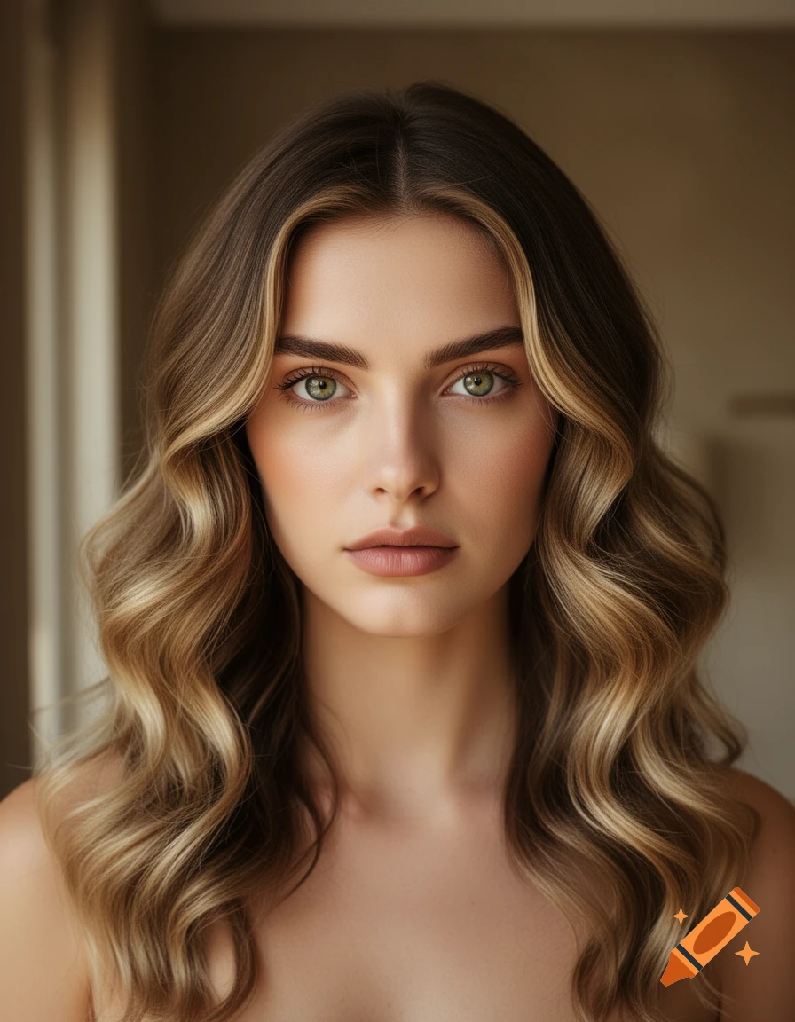 Photorealistic portrait of a young woman with wavy dark blonde hair, green eyes, and high cheekbones.