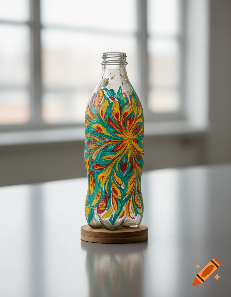 A clear soda bottle painted with vibrant teal, yellow, and red swirling patterns stands on a wooden coaster against a blurred window background.