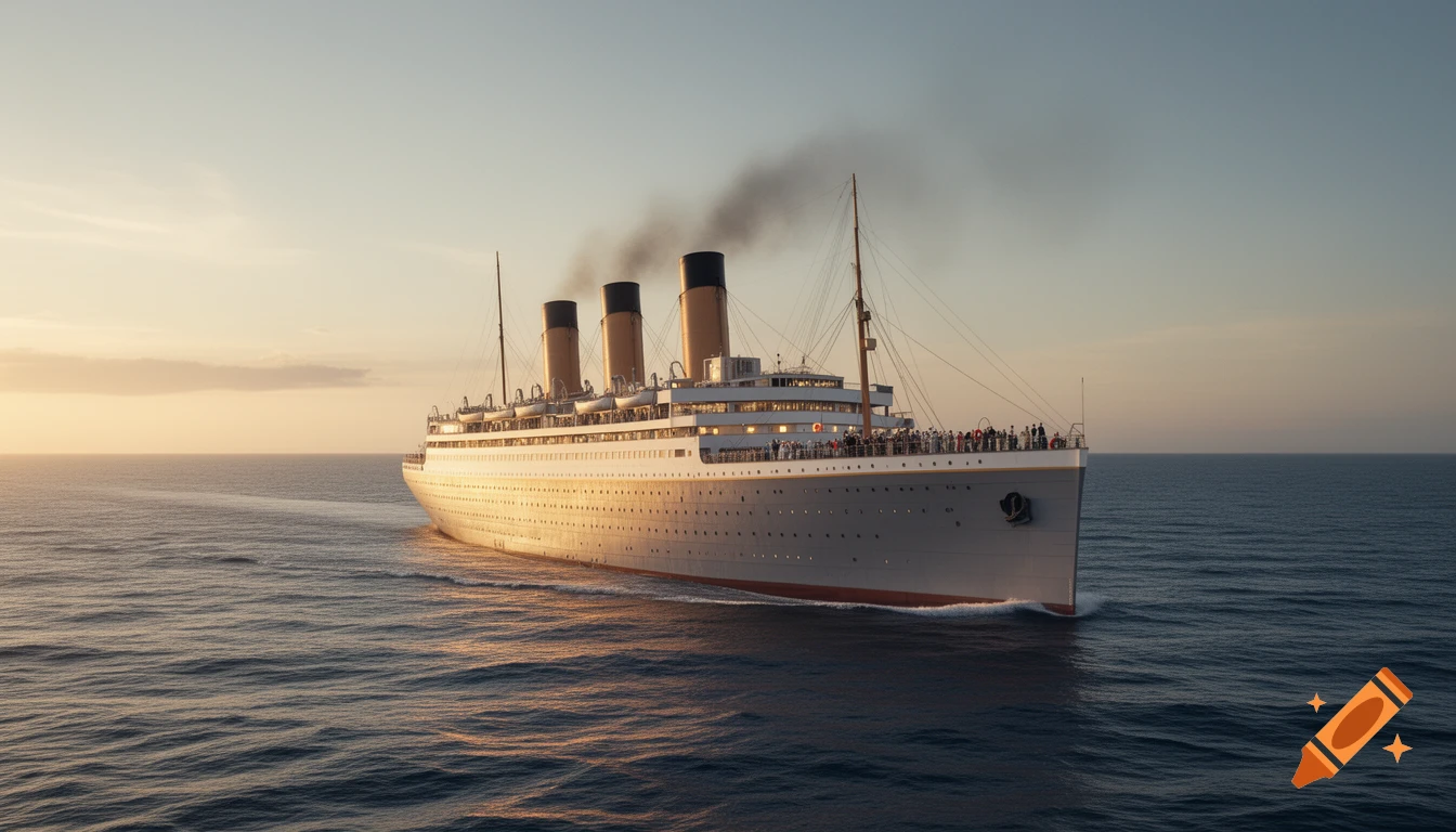 A photorealistic image of a large ocean liner, resembling the Titanic, sailing on the open sea during sunrise or sunset.