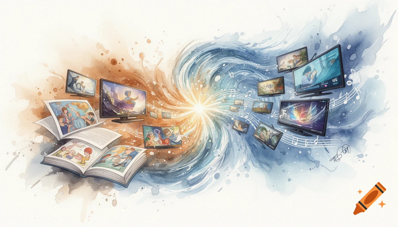 Watercolor illustration depicting a bright light at the center, with open books on the left and televisions on the right, surrounded by musical notes and swirling blue and orange paint, representing media convergence.