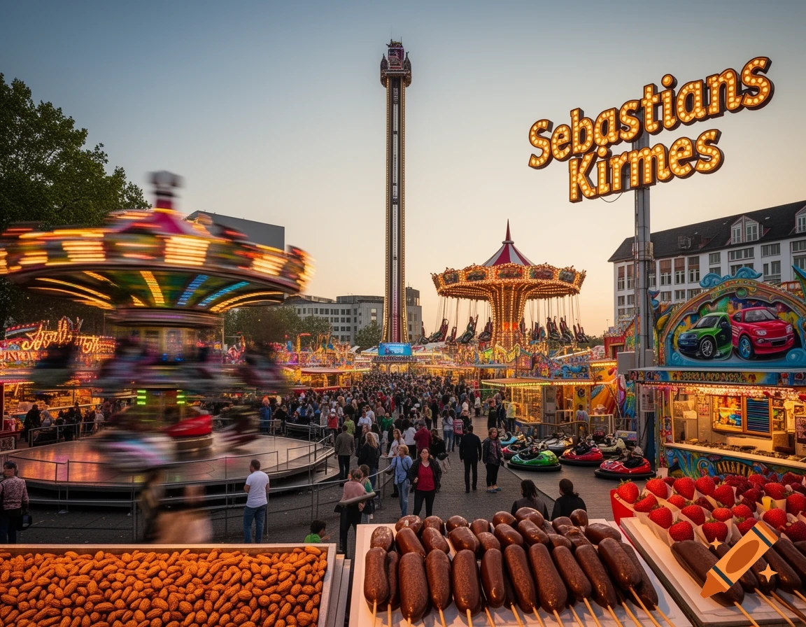 A vibrant fairground at dusk with a large illuminated 'Sebastians Kirmes' sign, rides in motion, and bustling crowds around food stalls selling sweets.