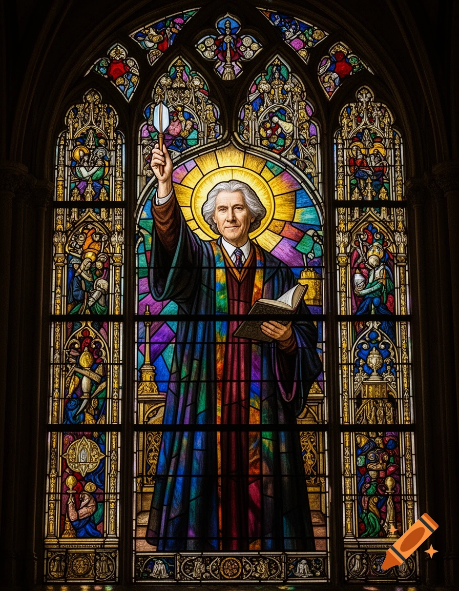 Stained glass portrait of a man with a halo, holding a book and a quill, in a gothic church window.