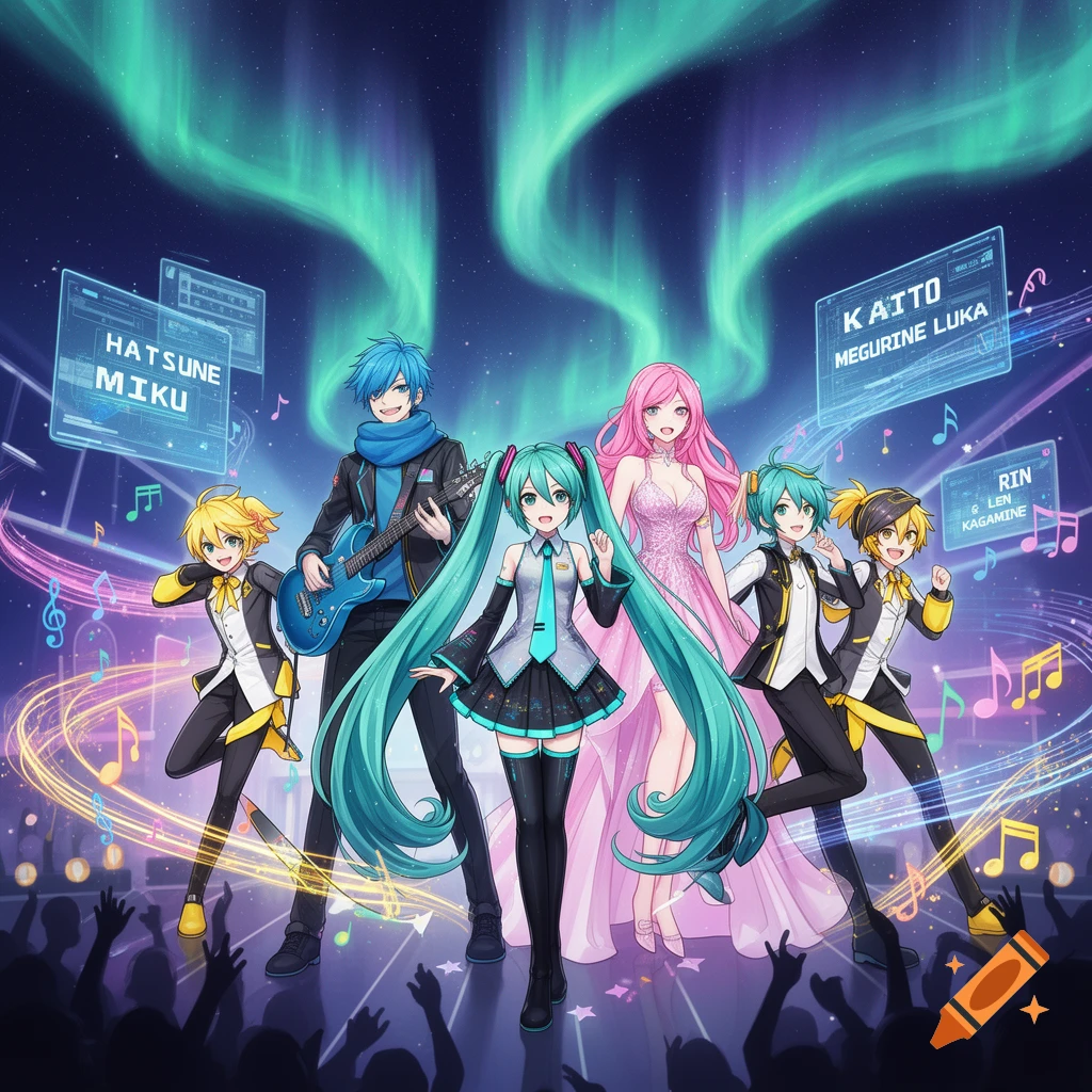 Six anime Vocaloid characters perform on a stage with aurora lights, floating musical notes, and a silhouetted audience.