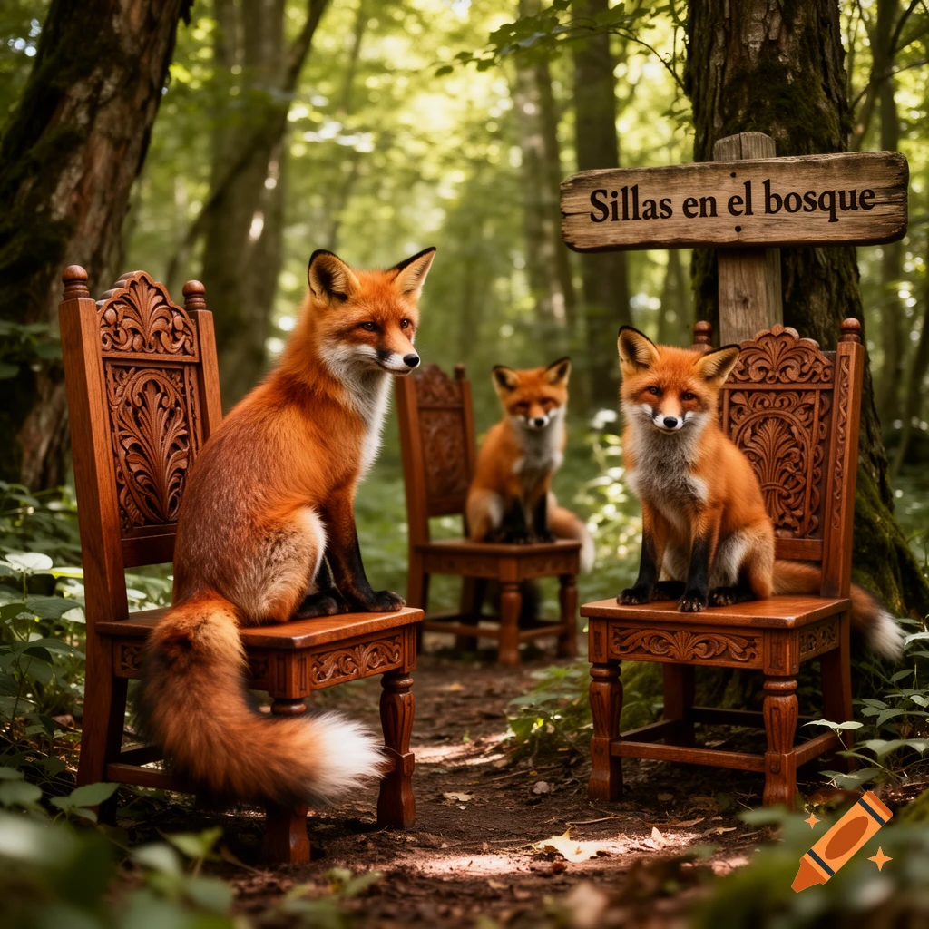 Three red foxes sit on ornate wooden chairs in a sun-dappled forest, with a wooden sign reading 'Sillas en el bosque'.