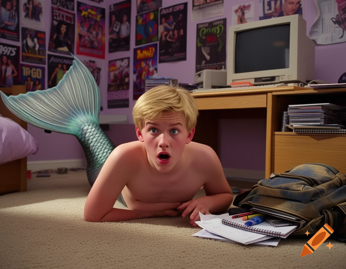 A blond merman boy with blue eyes lies on his bedroom floor, looking shocked. Posters cover the purple walls, and a vintage computer sits on a wooden desk.