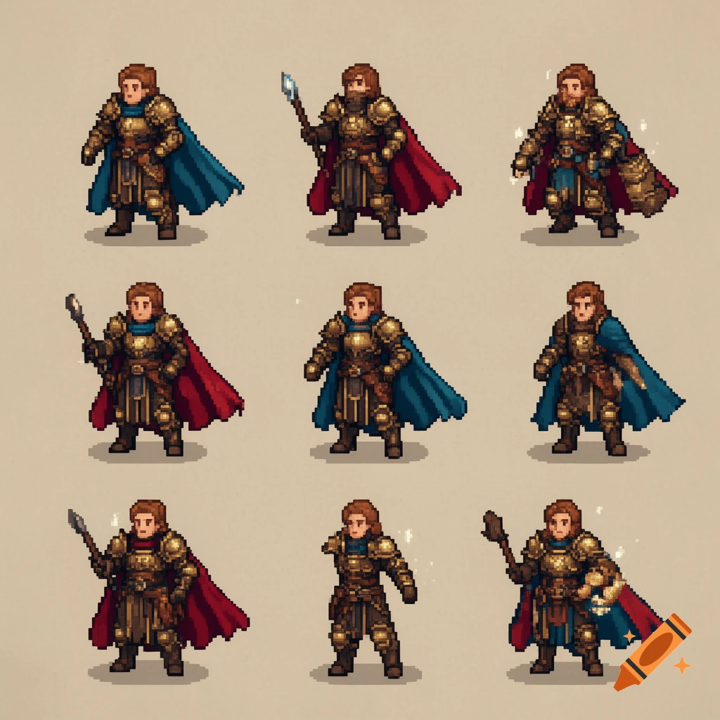 A grid of nine pixel art fantasy RPG characters, armored with cloaks in blue and red, some holding staffs.