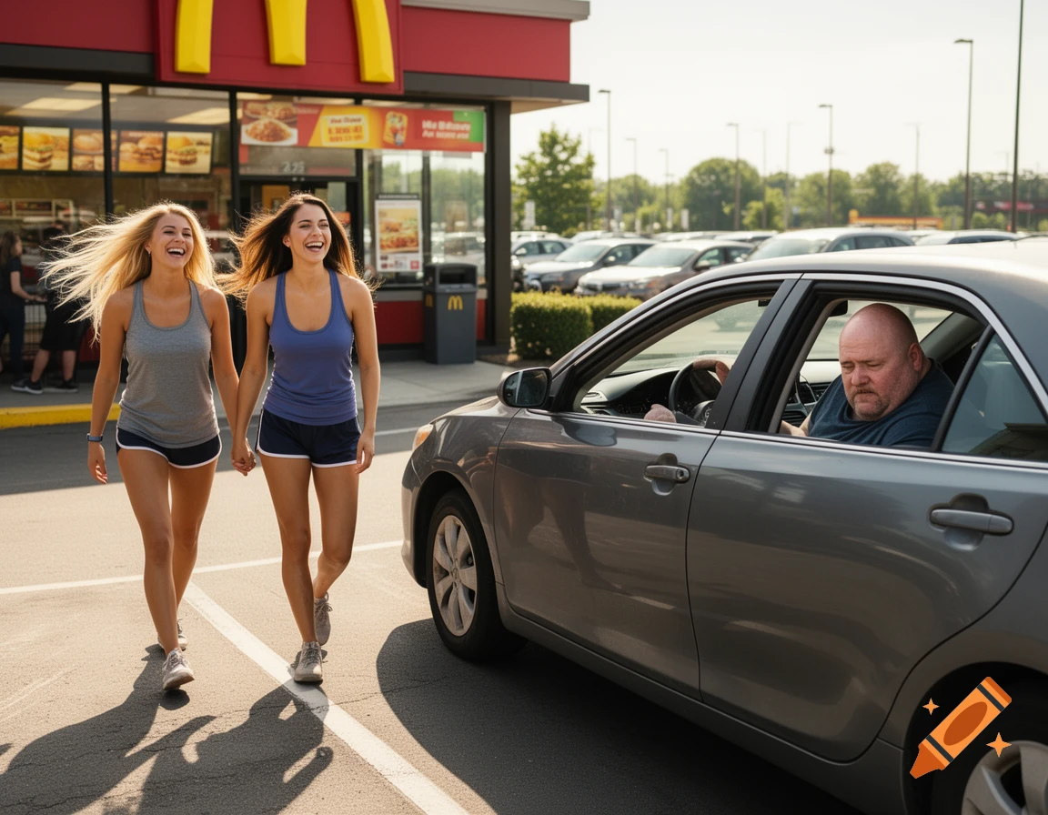 Two smiling women in shorts walk past a McDonald's drive-thru where a grumpy man sits in a car.