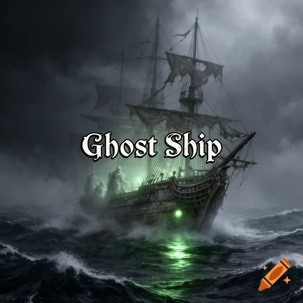 A ghostly pirate ship with tattered sails and luminous green elements navigates stormy seas under dark, cloudy skies.