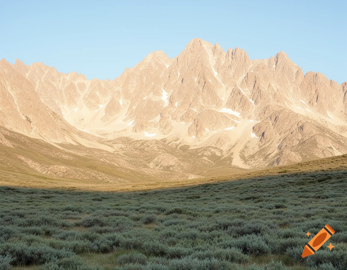 A vast mountain range with light brown and cream peaks, partially covered in snow, rising above a field of green shrubs under a clear blue sky.