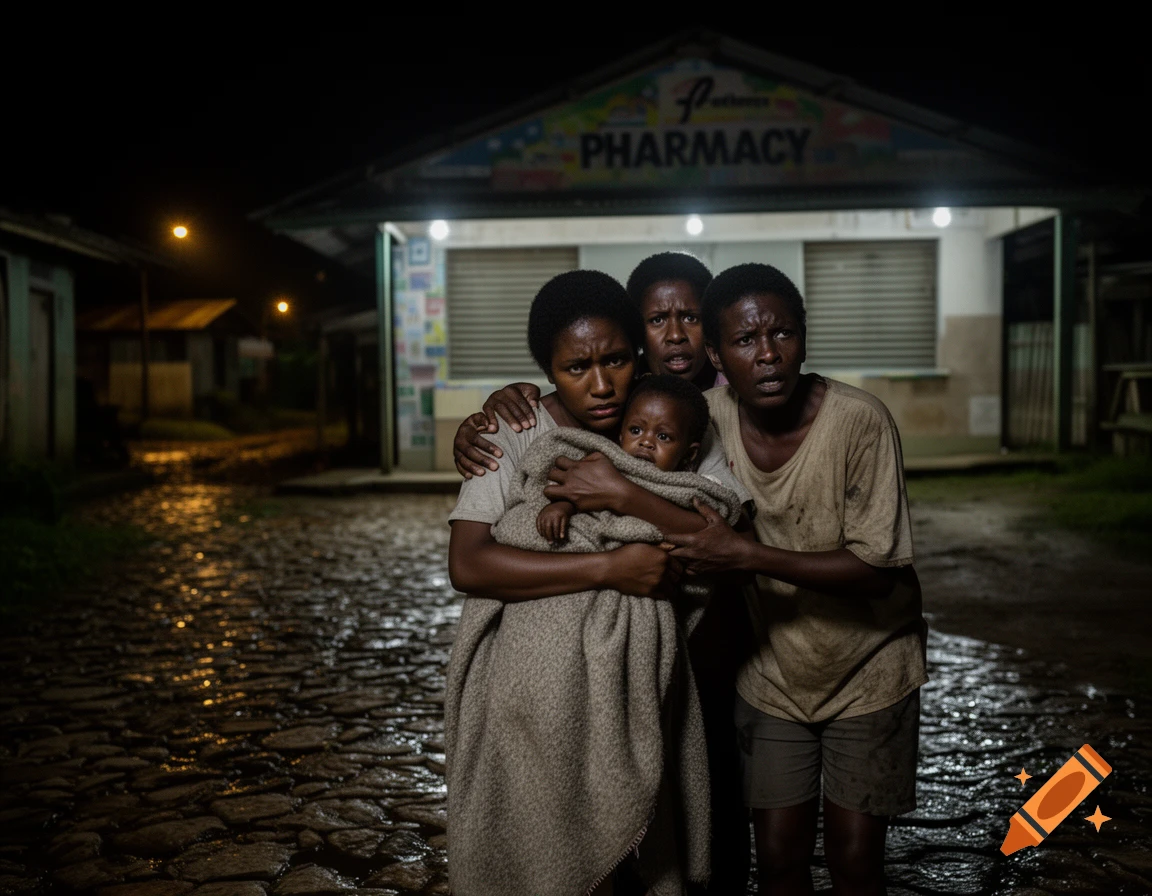 A worried family, including three women and a baby, stands on a wet cobblestone street in front of a closed pharmacy at night, in a photorealistic style.