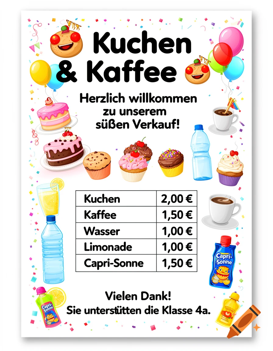 A colorful, child-friendly poster for a 'Kuchen & Kaffee' (Cake & Coffee) sale, featuring illustrations of cakes, muffins, coffee, water, lemonade, and Capri-Sonne drinks with a price list. Confetti and balloons decorate the border.