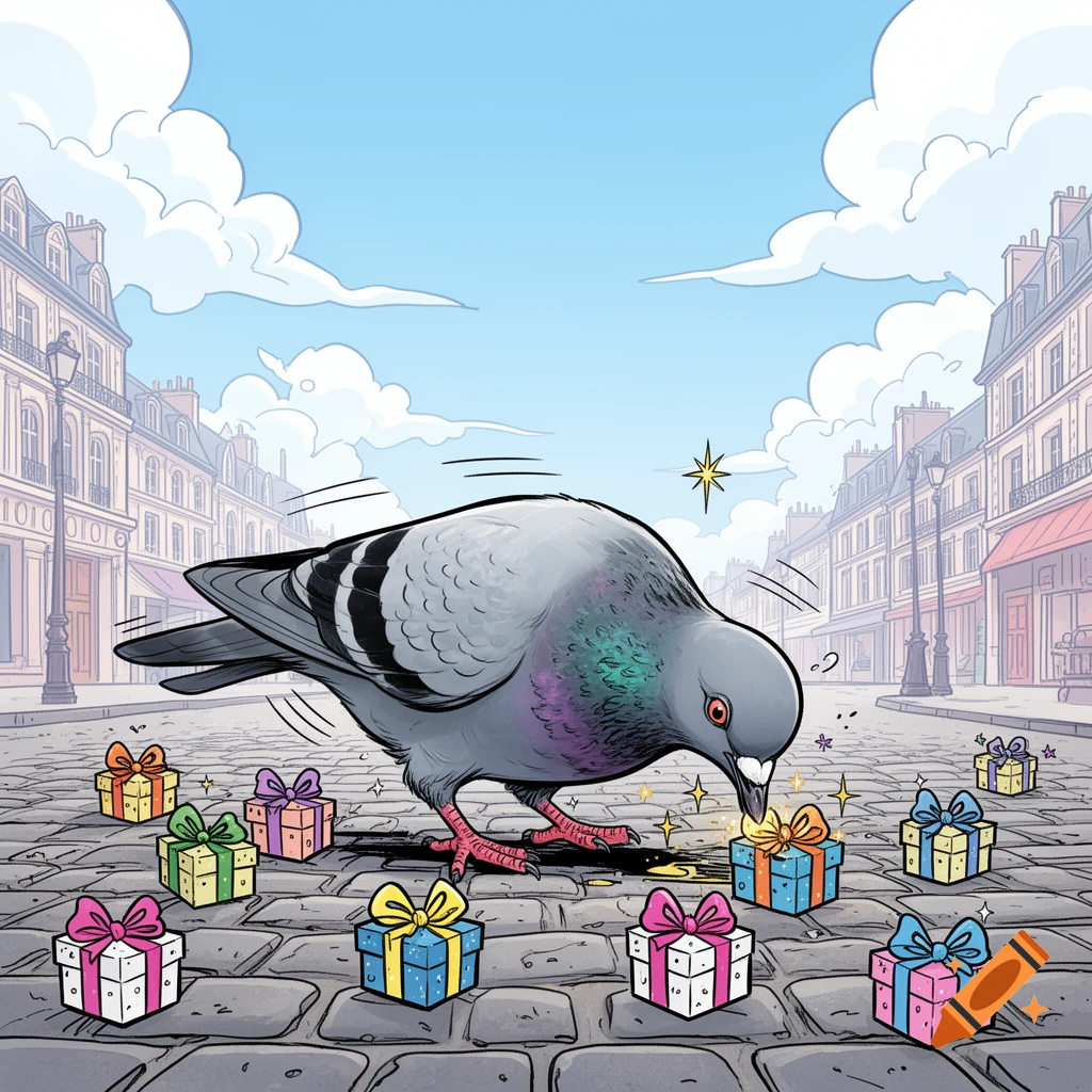 A cartoon pigeon pecks at colorful gift boxes scattered on a cobblestone street in front of Parisian buildings under a blue sky.
