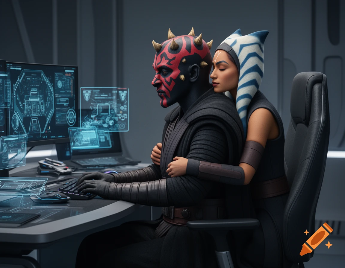 Photorealistic Darth Maul works at a computer while Ahsoka Tano embraces him from behind, her head resting on his back.
