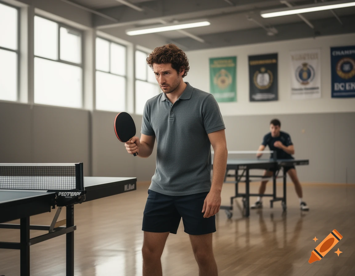 A man with curly hair holds a table tennis paddle, looking serious, with another player in the background on a sports court.