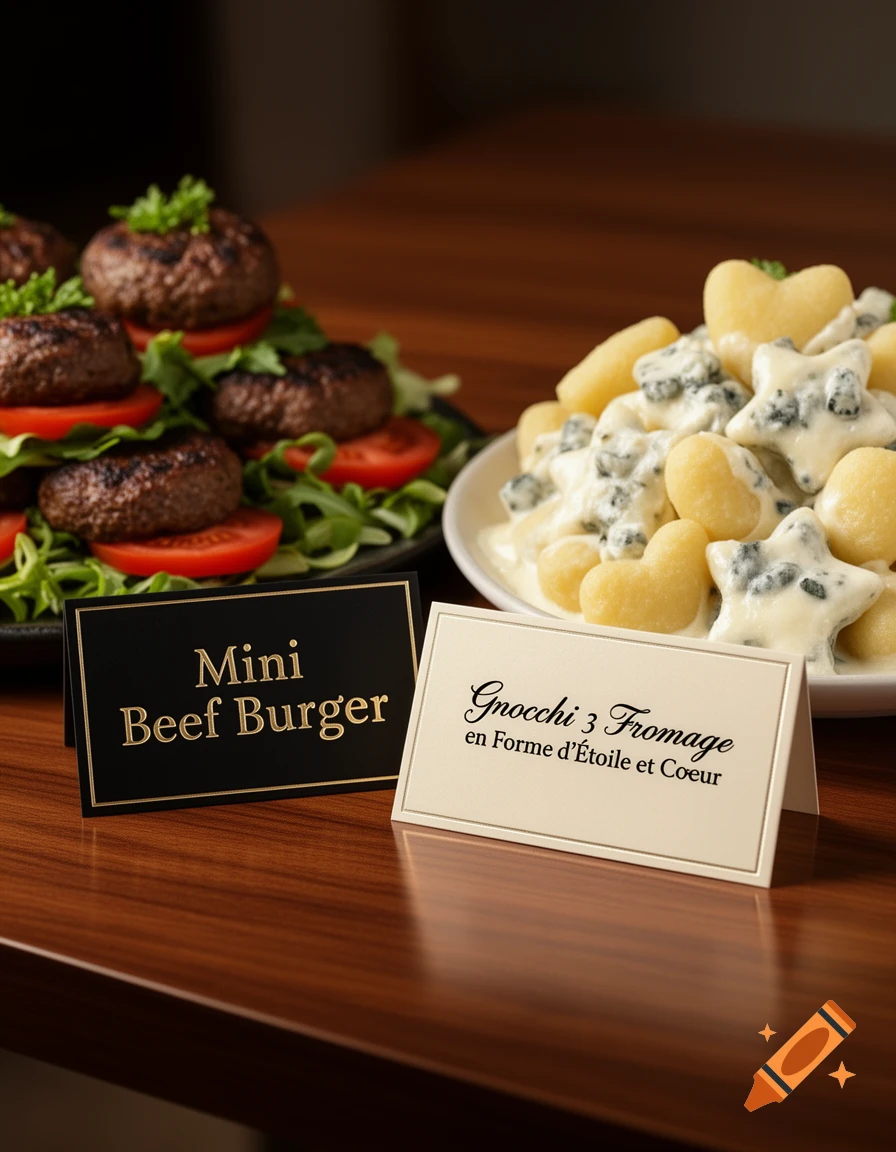 Close-up of a Mini Beef Burger label next to a Gnocchi 3 Fromage label on a wooden table, with food in the background. Photorealistic style.