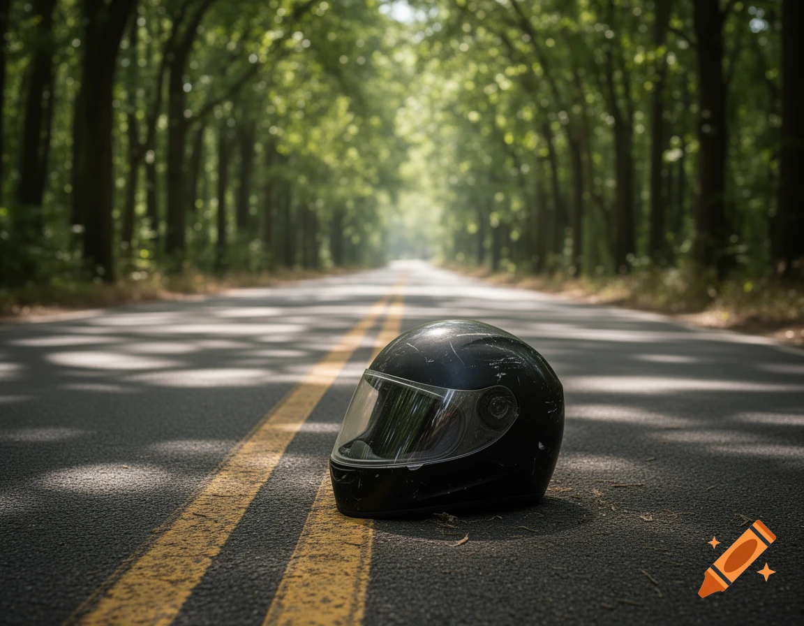 A black motorcycle helmet with a clear visor rests on an asphalt road with yellow lines, framed by a sun-dappled forest.
