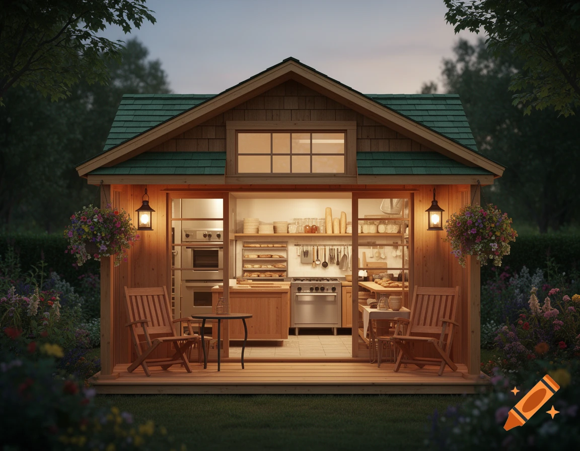 A charming wooden shed with a green roof, featuring an open bakery kitchen and a porch with chairs, set in a lush garden at dusk.