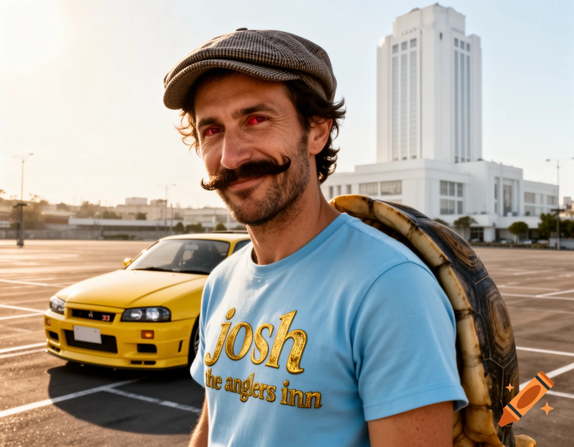 A man with a large mustache and red eyes, wearing a blue t-shirt with text and a turtle shell on his back, stands in a parking lot with a yellow sports car and a white building behind him.