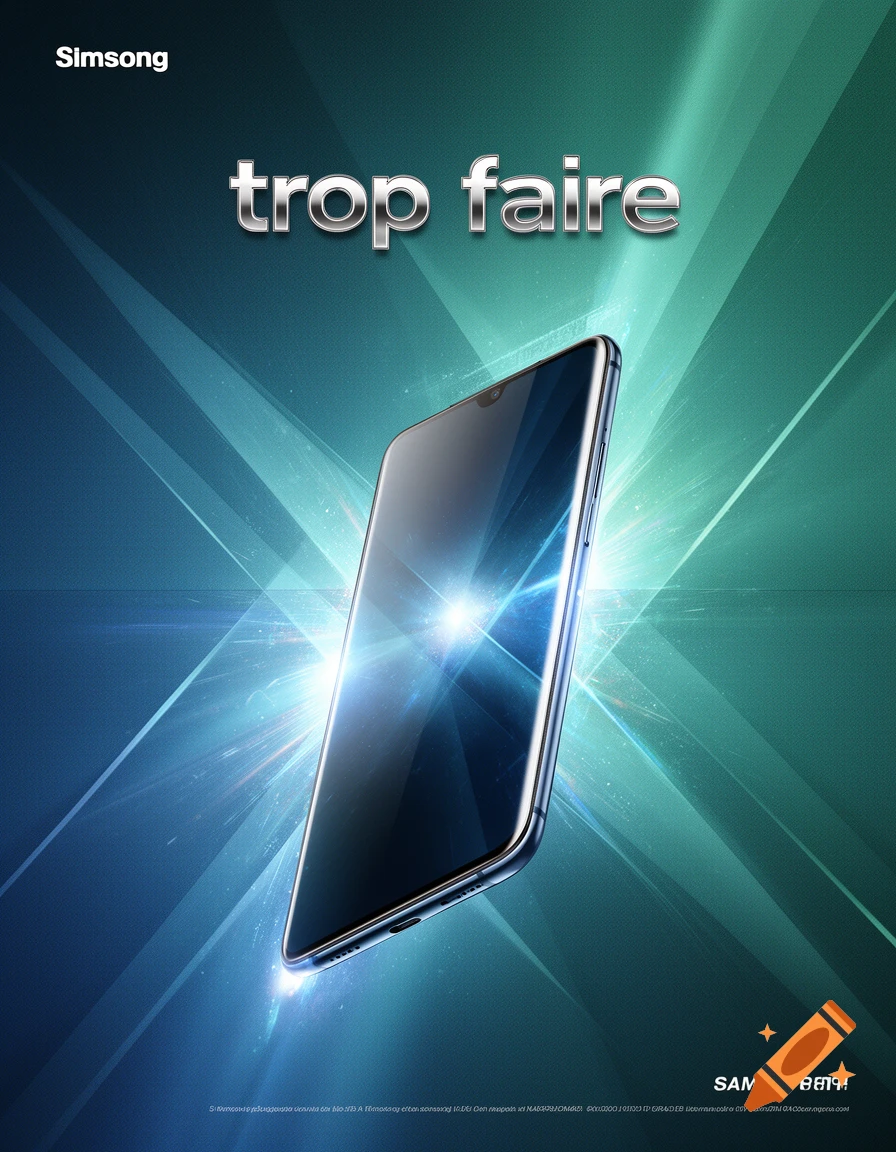 A sleek silver smartphone with a glowing screen, against a blue and green background with light rays. The text 'Simsong' and 'trop faire' are visible.