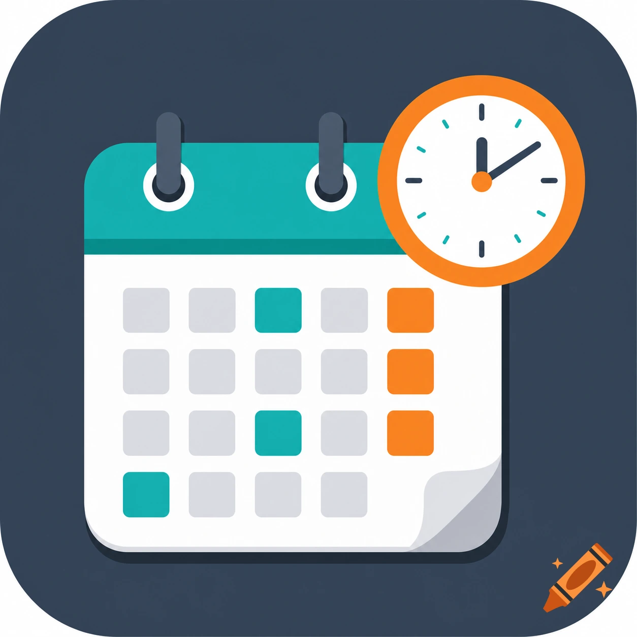 A flat design icon featuring a calendar with a teal top band and a circular orange clock overlaying the top right corner.