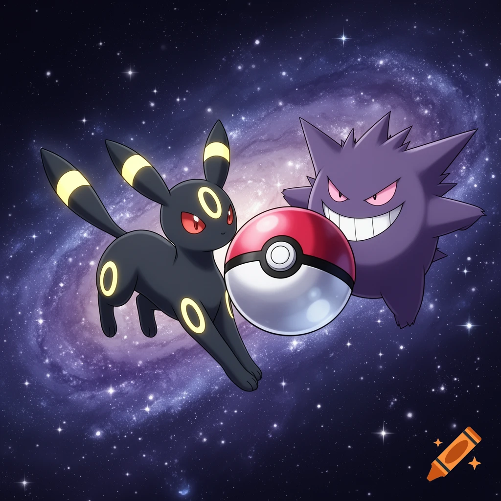 Umbreon and Gengar float around a Pokéball in front of a galaxy-filled space background.