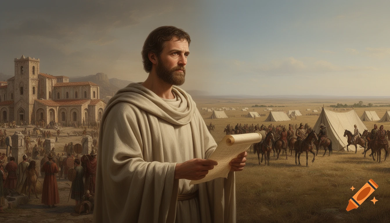 Realistic painting of a bearded man in ancient robes holding a scroll, with a Roman settlement and a military camp in the background.