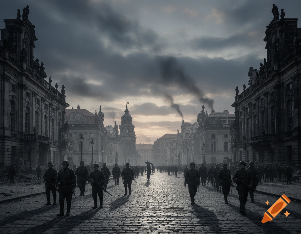 Photorealistic image of soldiers marching on a cobblestone street through a devastated city under a dark, smoky sky.