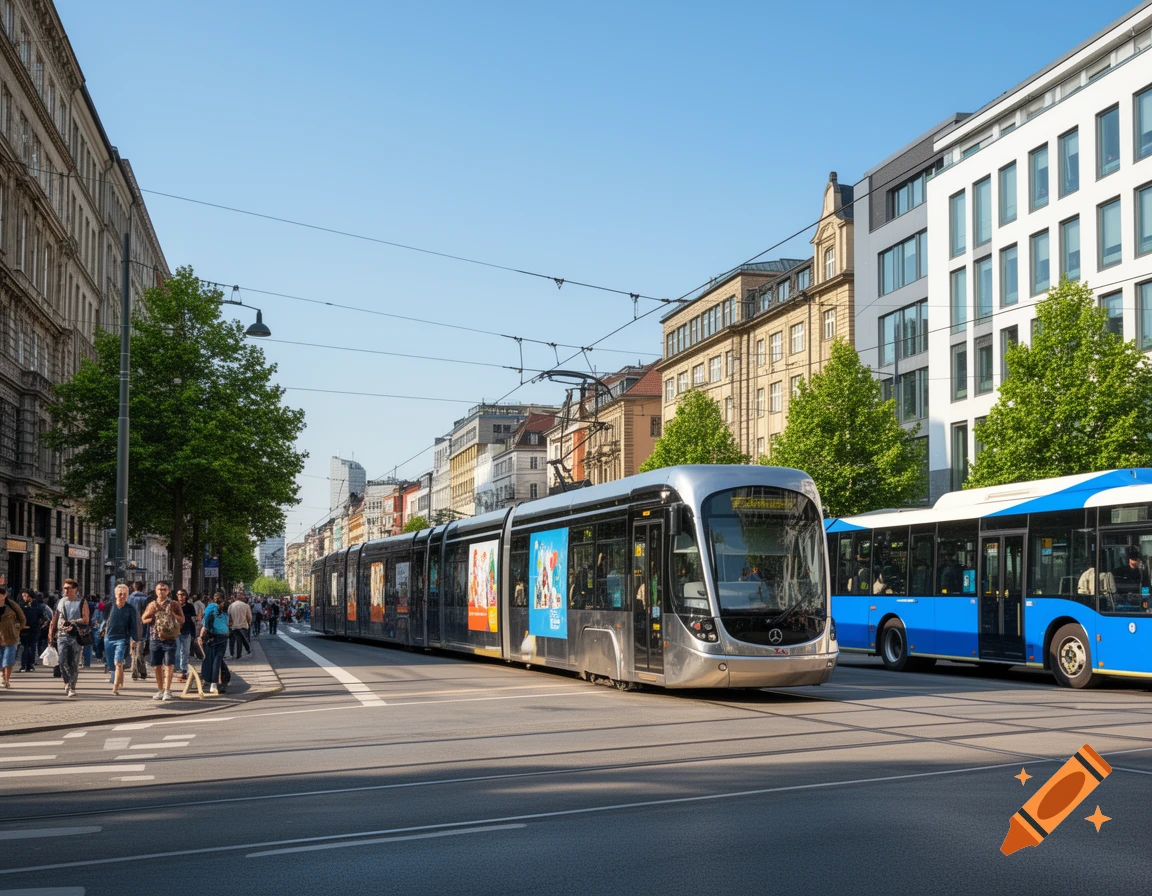 A silver tram and a blue bus on a city street with pedestrians and buildings under a clear sky.