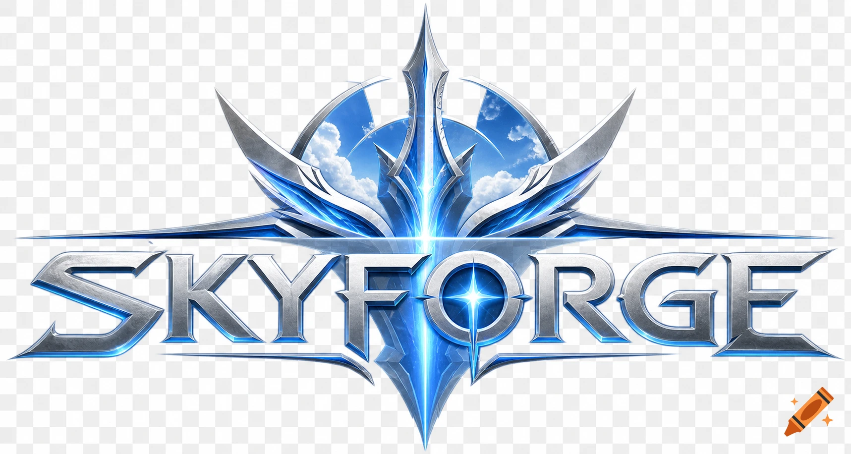 Stylish metallic blue and silver Skyforge logo with a central glowing spire, clouds, and a transparent background.