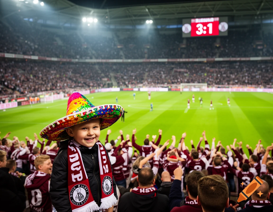 A smiling child wearing a colorful sombrero and a fan scarf in a crowded football stadium, with cheering fans and a scoreboard showing 3:1.