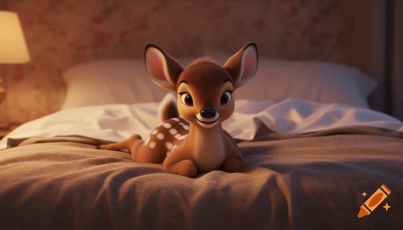 A cute, hyperrealistic animated Bambi lies on its belly on a bed, smiling at the viewer.
