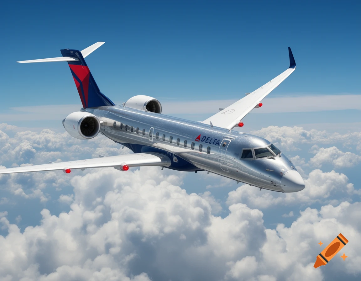 A photorealistic Delta Airlines jet airplane flying above white clouds in a bright blue sky.
