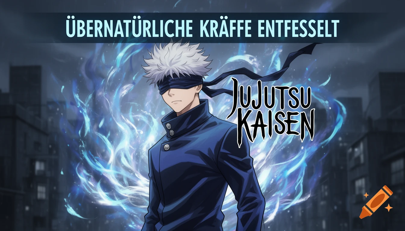 Anime illustration of Gojo Satoru with a blindfold, surrounded by glowing blue energy, with text "ÜBERNATÜRLICHE KRÄFTE ENTFESSELT" and "JUJUTSU KAISEN".