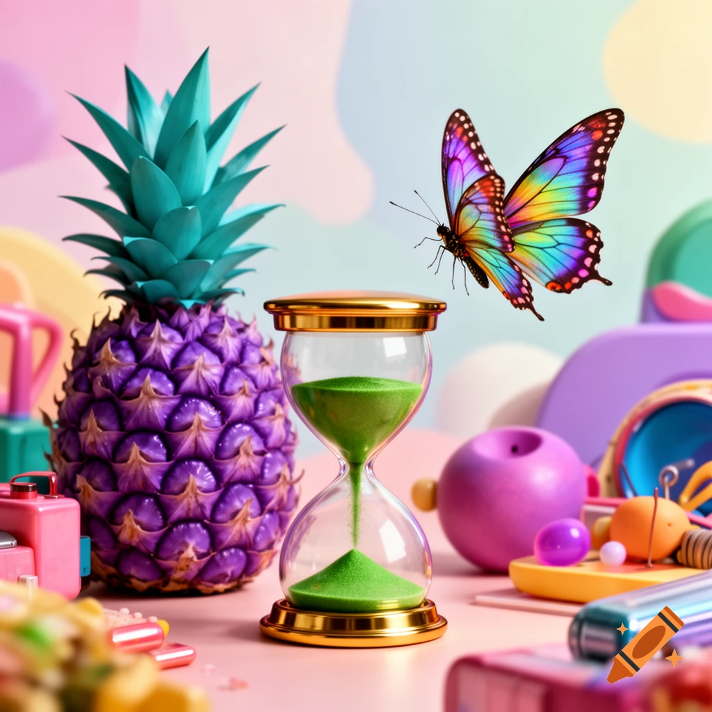 A vibrant still life featuring a purple pineapple, a golden hourglass with green sand, and a rainbow-colored butterfly on a pastel background.
