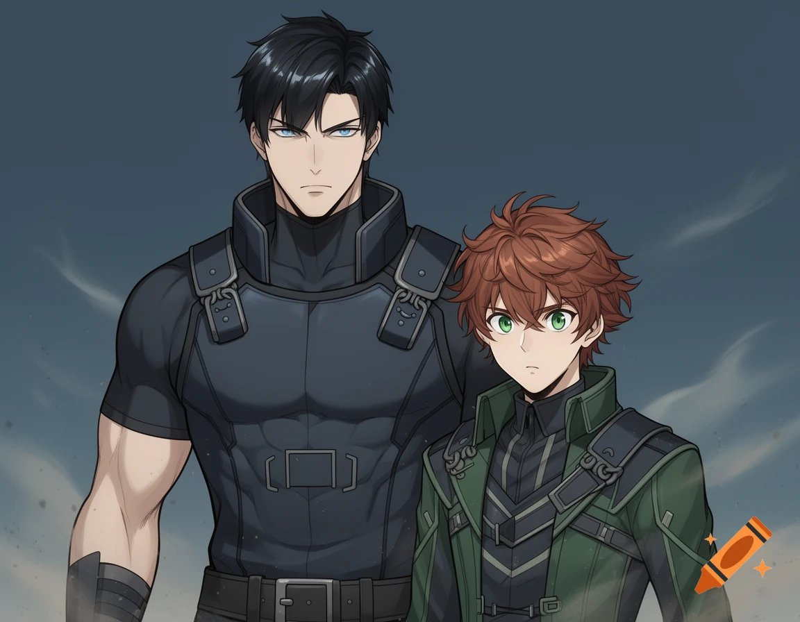 Two anime-style male characters, one tall and muscular with dark hair and blue eyes, beside a shorter male with red hair and green eyes, both in tactical gear.