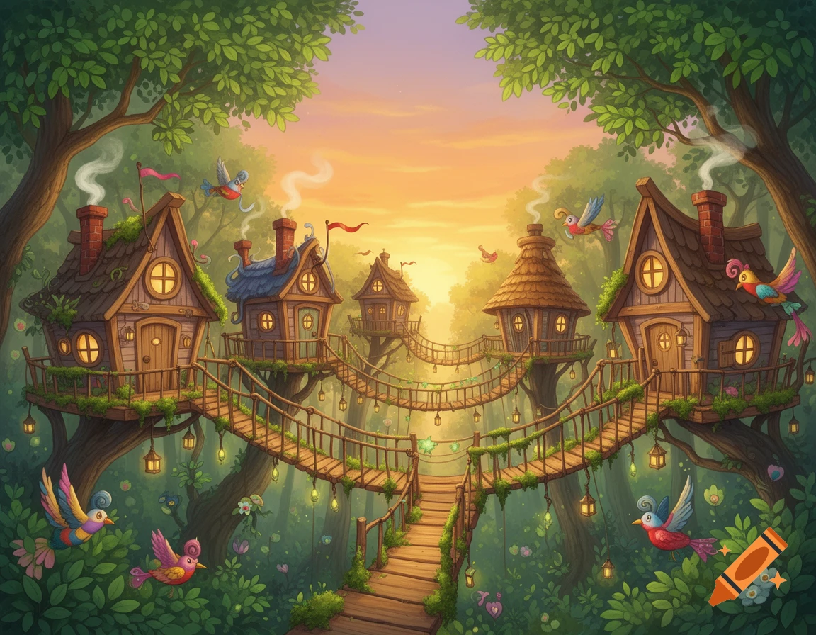 Vibrant fantasy illustration of multiple treehouses connected by rope bridges in a lush forest with colorful birds under a sunset sky.