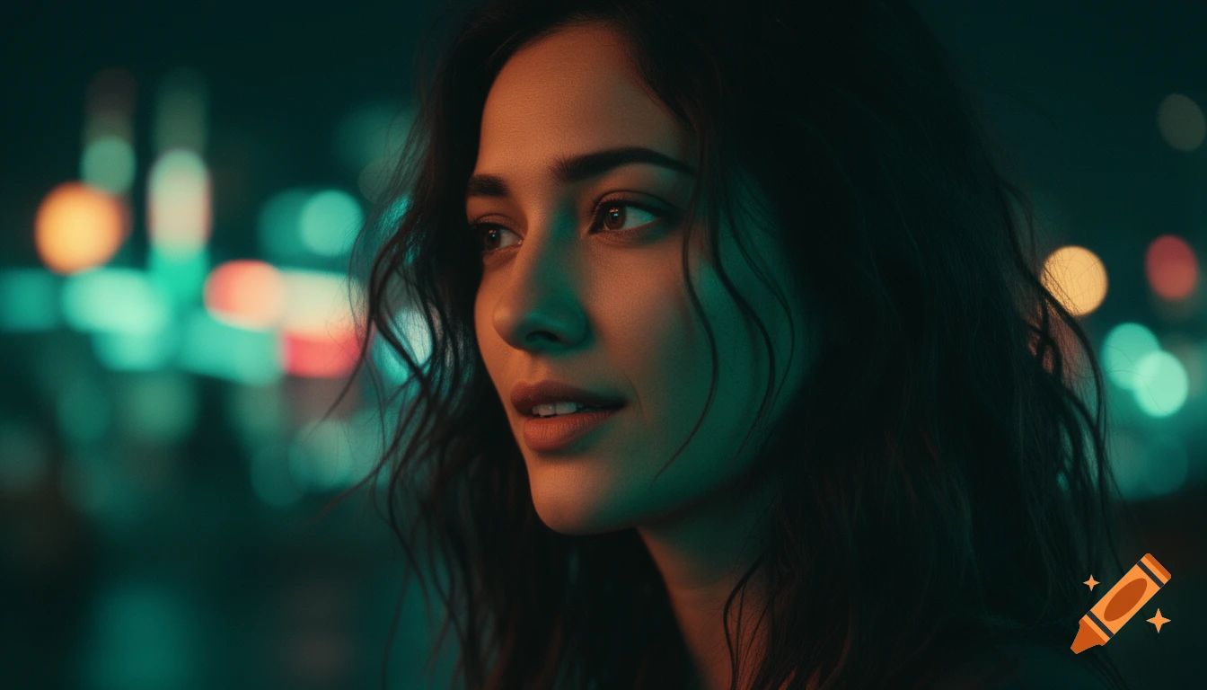 Cinematic portrait of a woman with messy dark hair looking away, bathed in teal and orange neon city lights at night.