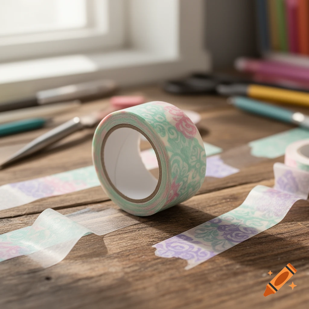 A roll of pastel green and pink patterned washi tape on a rustic wooden table with unrolled strips and craft supplies.
